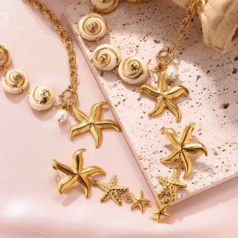 Ozean Stil Edelstahl Gold Seestern Muschel Künstliche Perle Halskette Und Ohrringe Und Armband Strand Urlaub Schmuck Für Damen