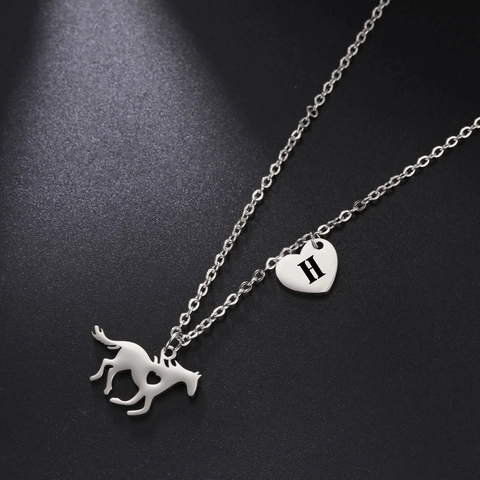 Collana in Acciaio Inossidabile Donna Argento Ciondolo Cavallo Cuore Lettera Iniziale Gioielli Regalo Accessorio