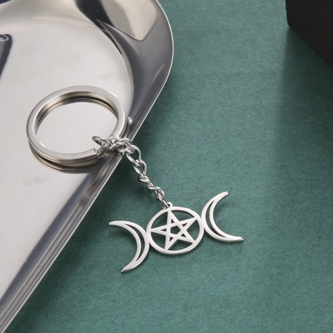 Portachiavi Dea Pentagramma Tripla Luna Wicca in Acciaio Inossidabile Gioielli Pagani Mistici Gotici per Donna Uomo Regalo