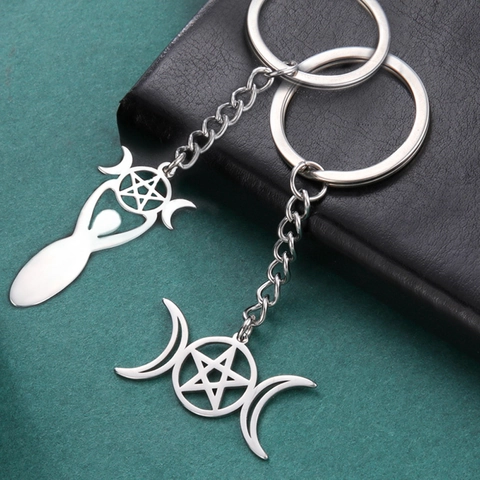 Portachiavi Dea Pentagramma Tripla Luna Wicca in Acciaio Inossidabile Gioielli Pagani Mistici Gotici per Donna Uomo Regalo