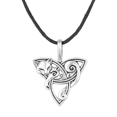Vintage Viking Celtic Fox Cat Pendant Necklace Antique Silver Alloy Animal Totem Necklace For Men Women Pagan Jewelry Gift