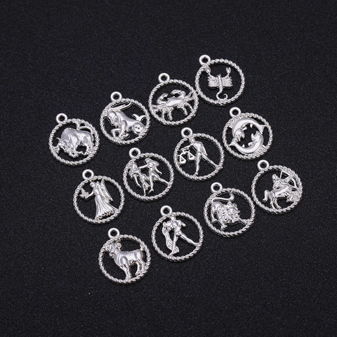 Retro Twelve Zodiac Sign Alloy Hollow Round Pendants Antique Gold Silver DIY Jewelry Making Charms Accessories For Women Men