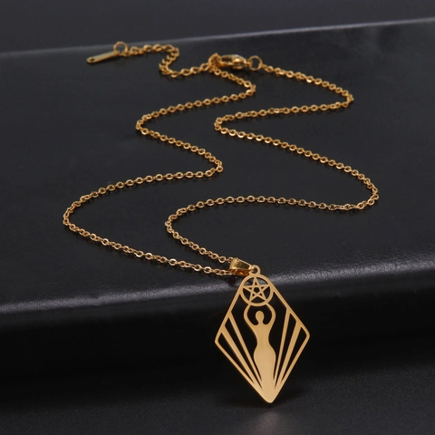 Goddess Pentagram Pentacle Hollow Rhombus Pendant Necklace Stainless Steel For Women Spiritual Wicca Jewelry Fashion Gift