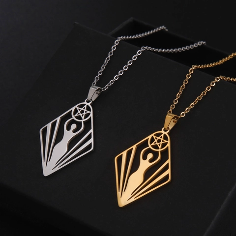 Goddess Pentagram Pentacle Hollow Rhombus Pendant Necklace Stainless Steel For Women Spiritual Wicca Jewelry Fashion Gift
