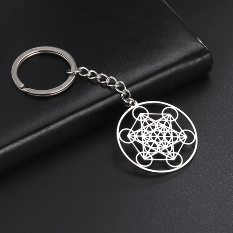 304 Stainless Steel Metatron Cube Keychain Archangel Sacred Geometry Hollow Key Ring Geometric Pendant Jewelry Gift For Men Women