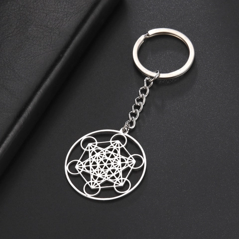 304 Stainless Steel Metatron Cube Keychain Archangel Sacred Geometry Hollow Key Ring Geometric Pendant Jewelry Gift For Men Women