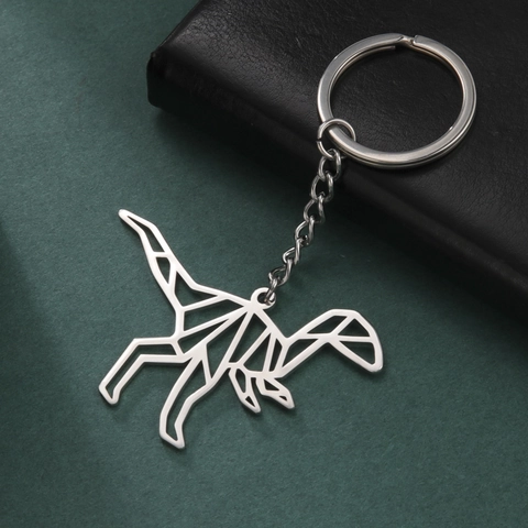 Portachiavi da Uomo in Acciaio Inossidabile Punk Geometrico Cavo Dinosauro Origami Ciondolo Raptor Anello Chiave per Auto Gioielli