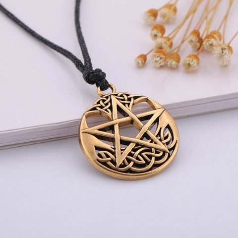 Viking Vintage Pentagram Celtic Knot Round Pendant Necklace Alloy Antique Gold Silver Jewelry For Men Women Gift