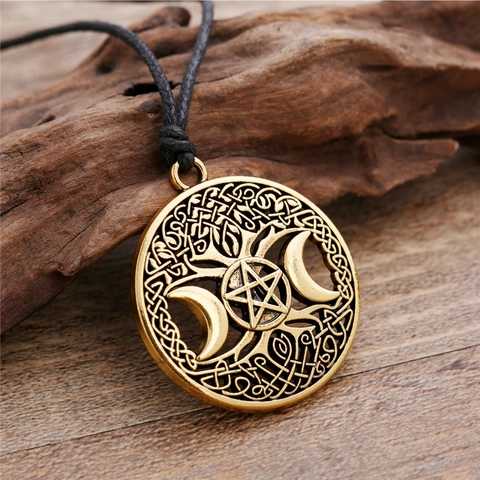 Vintage Wicca Triple Moon Pentagram Pendant Necklace Nordic Viking Celtic Knot Alloy Jewelry Gift Antique Silver Gold