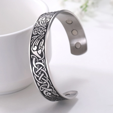 Vintage 304 Stainless Steel Viking Raven Cuff Bangle With Magnetic Stones Celtic Knot Embossed Open Bracelet For Men Jewelry