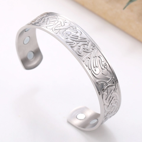 Vintage 304 Stainless Steel Viking Raven Cuff Bangle With Magnetic Stones Celtic Knot Embossed Open Bracelet For Men Jewelry