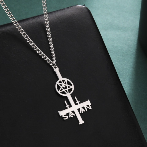 Goth Inverted Cross Pentagram Pendant Necklace 304 Stainless Steel Satan Letter Punk Rock Mysterious Gothic Jewelry Gift