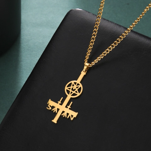 Goth Inverted Cross Pentagram Pendant Necklace 304 Stainless Steel Satan Letter Punk Rock Mysterious Gothic Jewelry Gift