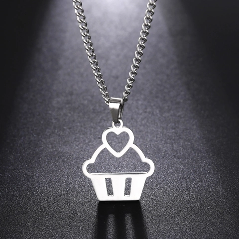 304 Stainless Steel Heart Cupcake Pendant Necklace For Women Hollow Muffin Cake Charm Chain Necklace Sweet Jewelry Gift