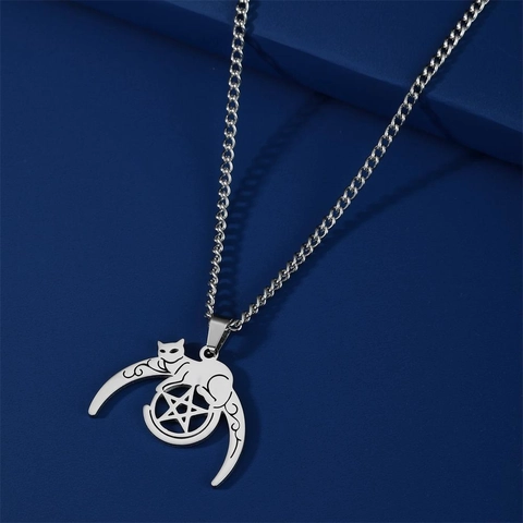 Stainless Steel Mystical Moon Cat Pentagram Pendant Necklace For Women Men Gothic Witchcraft Wicca Jewelry Gift Silver Gold
