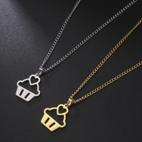 304 Stainless Steel Heart Cupcake Pendant Necklace For Women Hollow Muffin Cake Charm Chain Necklace Sweet Jewelry Gift