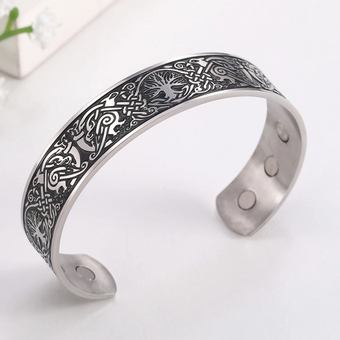 Bracciale Rigido Magnetico in Acciaio Inossidabile 304 Vintage Albero della Vita Uomo Donna Nodo Celtico Vichingo Regolabile