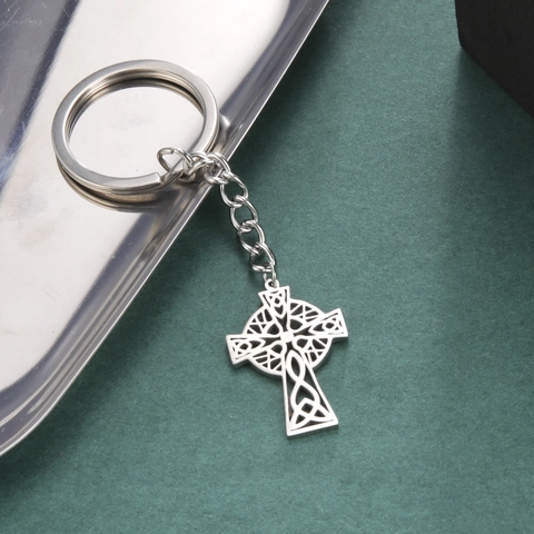 Roestvrij Stalen Keltisch Kruis Sleutelhanger Vintage Holle Oneindigheidsknoop Religieuze Hanger Sleutelring Voor Heren Dames