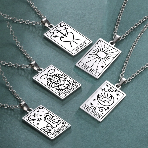 Edelstahl Tarotkarte Anhänger Halskette Vintage Sonne Mond Stern Herz Kraft Glück Welt Weisheit Schmuck Für Damen Herren