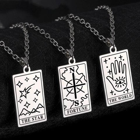 Edelstahl Tarotkarte Anhänger Halskette Vintage Sonne Mond Stern Herz Kraft Glück Welt Weisheit Schmuck Für Damen Herren
