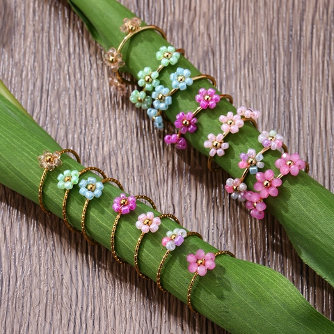 Anillo Ajustable de Acero Inoxidable para Mujer con Flores Coloridas Cuentas Hechas a Mano Anillo Abierto Diseño de Nicho Regalo