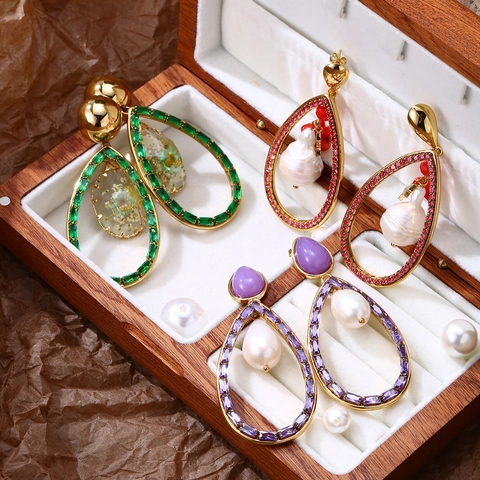 Vintage Stainless Steel Zirconia Water Drop Dangle Earrings For Women Gold Plated Hollow Baroque Pearl Dried Flower Resin Earrings Luxury Fashion Jewelry Gift