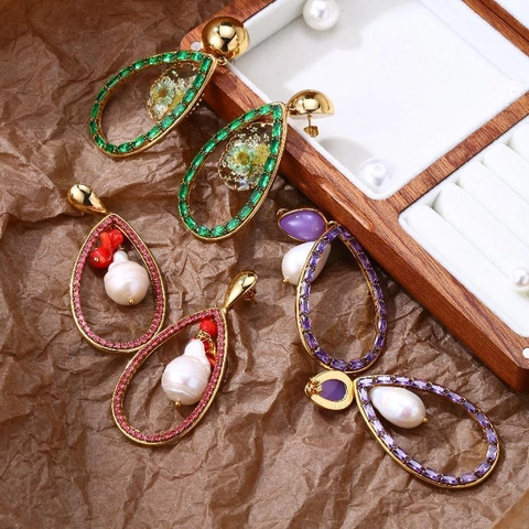 Vintage Stainless Steel Zirconia Water Drop Dangle Earrings For Women Gold Plated Hollow Baroque Pearl Dried Flower Resin Earrings Luxury Fashion Jewelry Gift