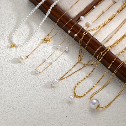 18K Vergoldet Edelstahl Süßwasserperle Anhänger Halskette Für Damen Elegant Minimalistisch Geometrisch Leicht Luxus Schmuck