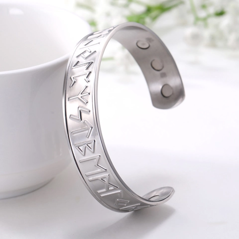 Nordic Viking Rune Stainless Steel Magnetic Open Cuff Bracelet Vintage Norse Alphabet Adjustable Bangle For Men Women Jewelry