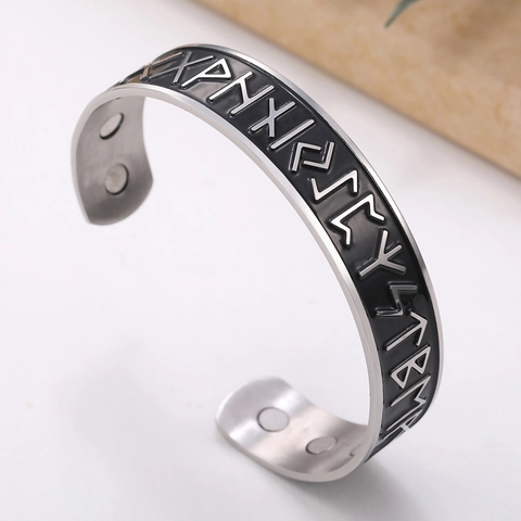 Nordic Viking Rune Stainless Steel Magnetic Open Cuff Bracelet Vintage Norse Alphabet Adjustable Bangle For Men Women Jewelry