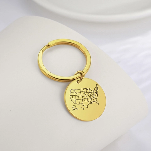 Portachiavi con Ciondolo Rotondo in Acciaio Inossidabile con Mappa USA Inciso al Laser Portachiavi in Metallo per Uomo Donna Oro Argento Oro Rosa Gioielli Regalo