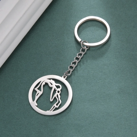 Portachiavi Minimalista in Acciaio Inossidabile Con Silhouette Madre E Figlio Pendente Rotondo Vuoto Regalo Ricordo Famiglia Argento