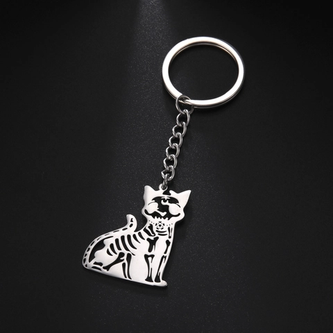 Portachiavi in Acciaio Inossidabile Gotico Gatto Scheletro Pendente Borsa Gattino Traforato Accessorio Gioielli Halloween Regalo Unisex