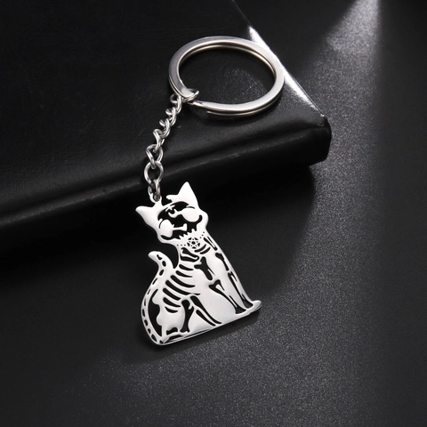 Portachiavi in Acciaio Inossidabile Gotico Gatto Scheletro Pendente Borsa Gattino Traforato Accessorio Gioielli Halloween Regalo Unisex