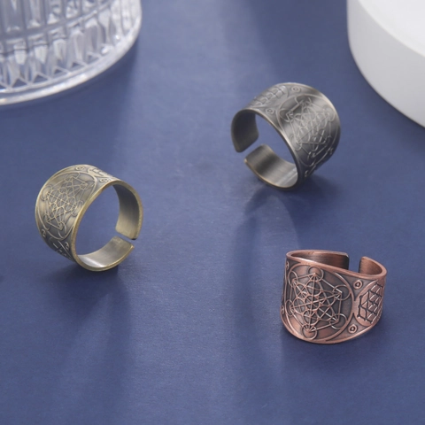 Vintage Punk Copper Open Adjustable Ring For Men Women Metatron's Cube Geometric Etched Wide Band Retro Jewelry Gift