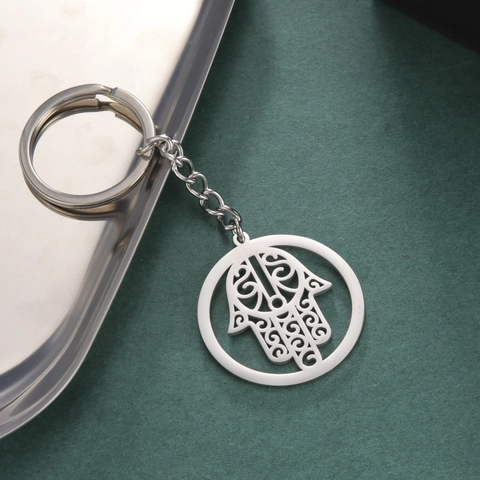 Portachiavi in Acciaio Inossidabile 304 Mano di Fatima Motivo Intagliato Ciondolo Palmo Filigrana Anello Portachiavi Per Uomo Donna
