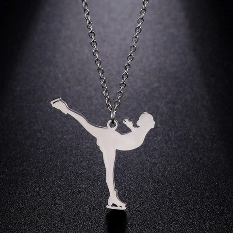 304 Stainless Steel Figure Skating Athlete Silhouette Pendant Necklace Sporty Mirror Polished Skater Jewelry For Women Men Unisex Gift