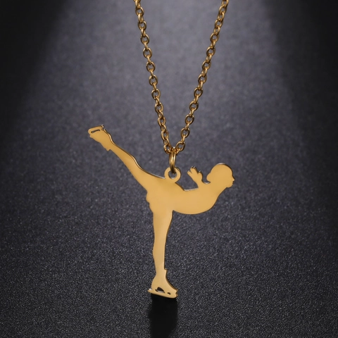 304 Stainless Steel Figure Skating Athlete Silhouette Pendant Necklace Sporty Mirror Polished Skater Jewelry For Women Men Unisex Gift