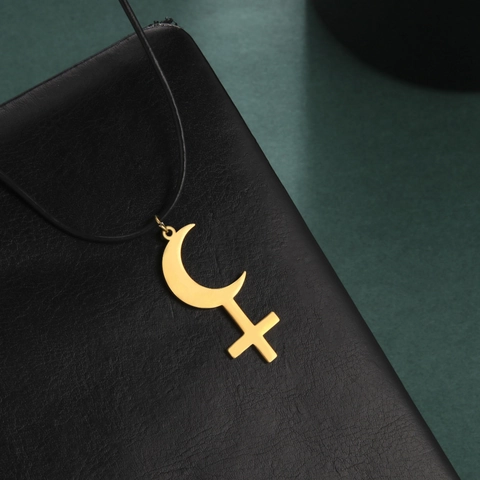 Stainless Steel Lilith Moon Inverted Cross Pendant Necklace Mysterious Astrological Symbol Black Wax Cord Jewelry For Men Women