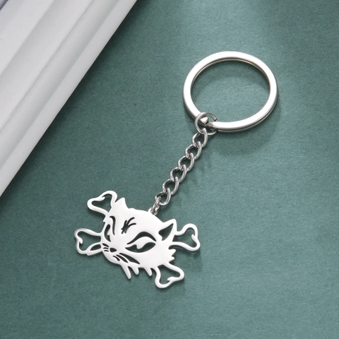 Portachiavi Punk in Acciaio Inossidabile Con Ciondolo a Forma di Teschio di Gatto e Ossa Incrociate Goth Ciondolo Borsa Regalo