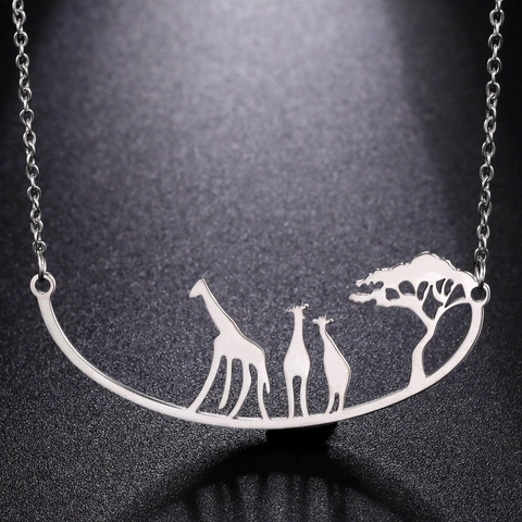 Minimalist 304 Stainless Steel Giraffe Tree Pendant Necklace African Savannah Animal Silhouette Jewelry For Unisex Gift