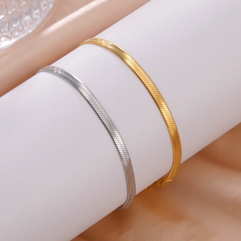Minimalist Stainless Steel Herringbone Snake Bone Chain Bracelet For Men Women Gold Silver Plated Flat Blade Adjustable Jewelry Gift