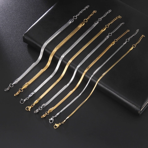Minimalist Stainless Steel Herringbone Snake Bone Chain Bracelet For Men Women Gold Silver Plated Flat Blade Adjustable Jewelry Gift