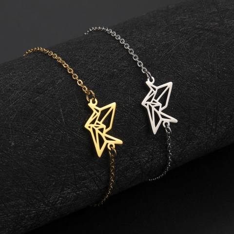 Minimalistische 304 Roestvrij Staal Origami Kraanvogel Hanger Armband Geometrisch Holle Papierkraanvogel Verstelbare Ketting