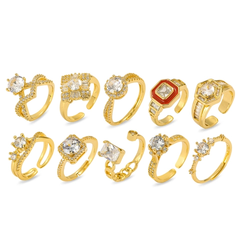 Vintage Gold Plated Copper Zirconia Square Open Ring For Women Elegant Micro Inlaid Cluster Adjustable Fashion Jewelry Ring