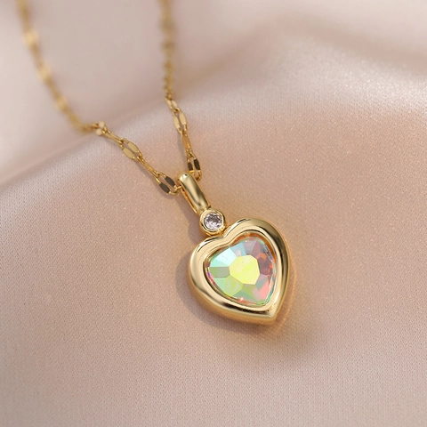 Vintage Titanium Stalen Hart Hanger Ketting Met Gekleurde Zirkonia Vergulde Schakelketting Sieraden Voor Vrouwen
