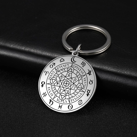 Stainless Steel Round Pendant Keychain Astrology Zodiac Seven Pointed Star Mystic Retro Key Ring Key Holder Jewelry Gift