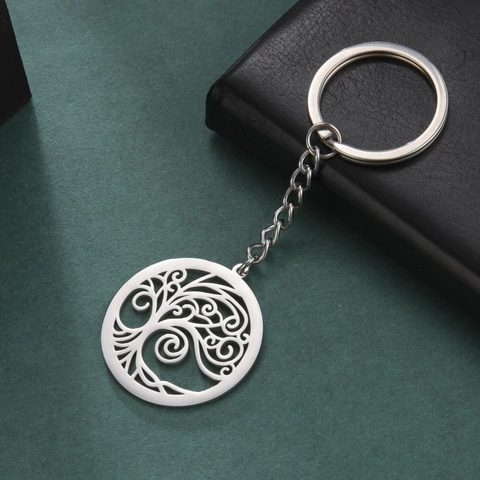 Portachiavi in Acciaio Inossidabile 304 Tondo Svuotato Albero della Vita Argento Anello per Chiavi per Uomo Donna Accessorio Quotidiano Regalo
