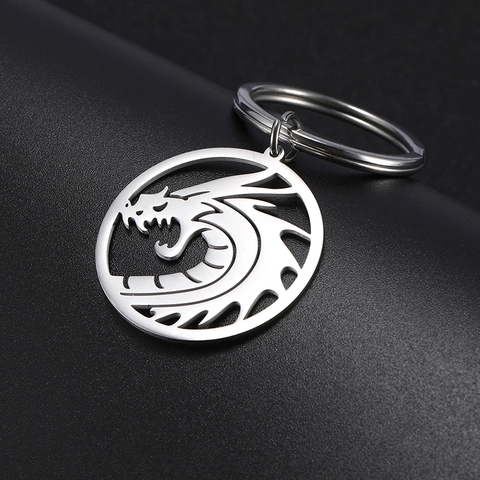 Portachiavi in Acciaio Inossidabile Con Pendente a Forma di Dragone Argento Tondo Metallo Decorazione Quotidiana