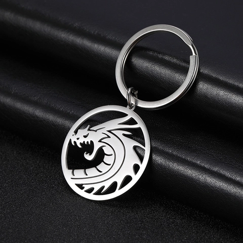 Portachiavi in Acciaio Inossidabile Con Pendente a Forma di Dragone Argento Tondo Metallo Decorazione Quotidiana